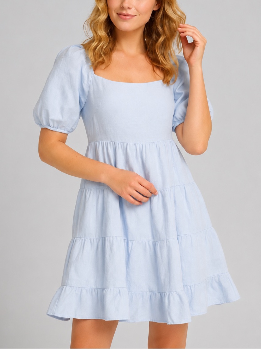 🆕🦋Chelsea & Violet Linen Blue Gray Dawn Puff Sleeve Boho Style Mini Dress Size S